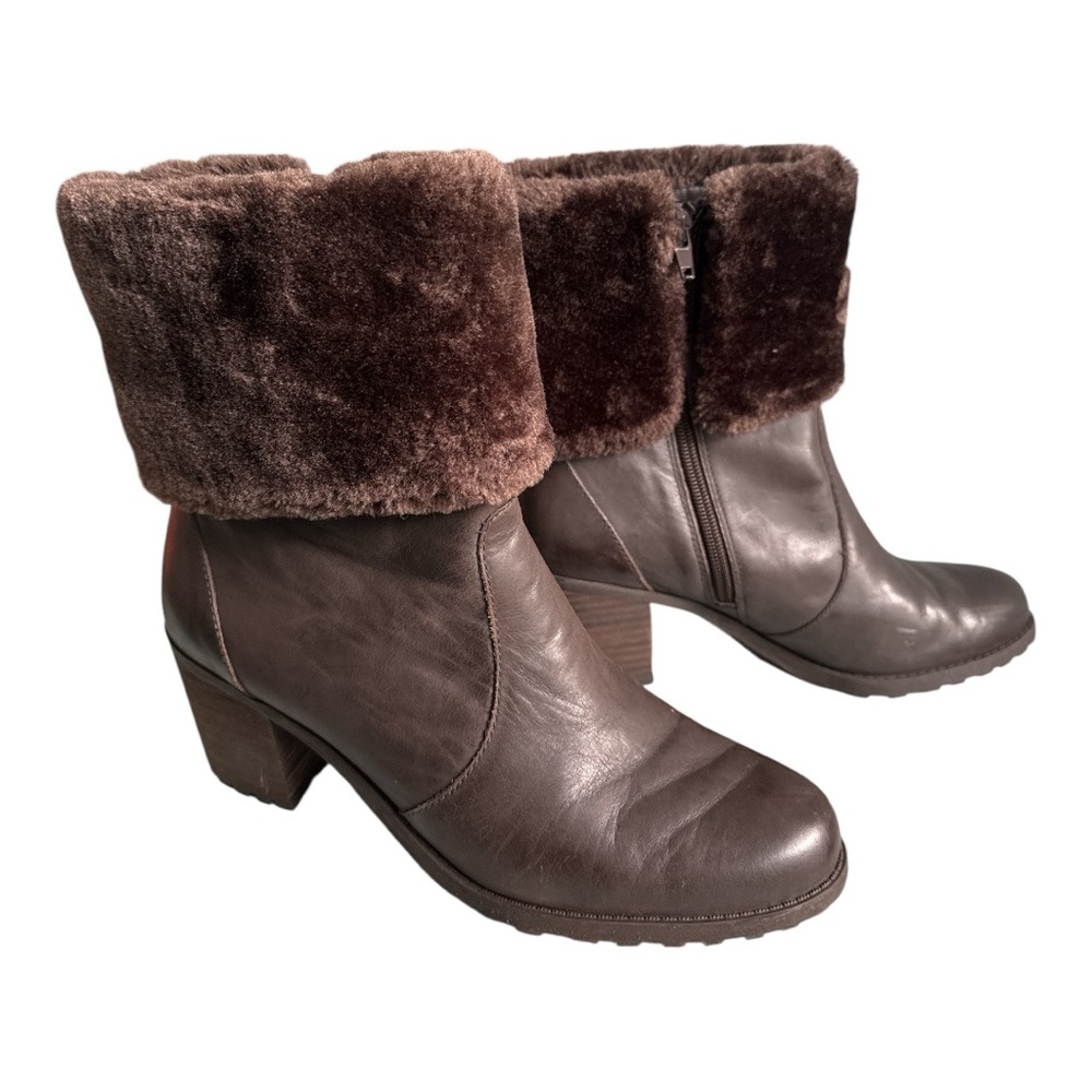 Aerosoles Incognito Brown Leather Winter Fur Cuff Zip Ankle Boots Women’s Sz 8.5